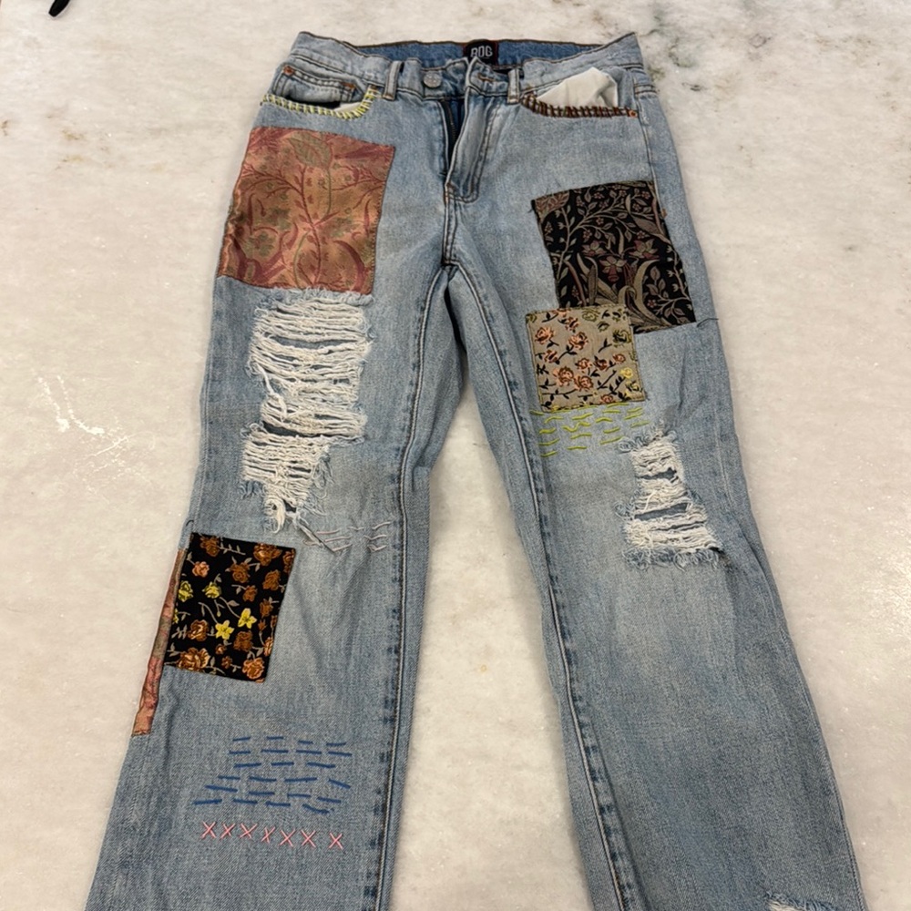 BDG Blue Straight Leg Distressed Patchwork Jeans
